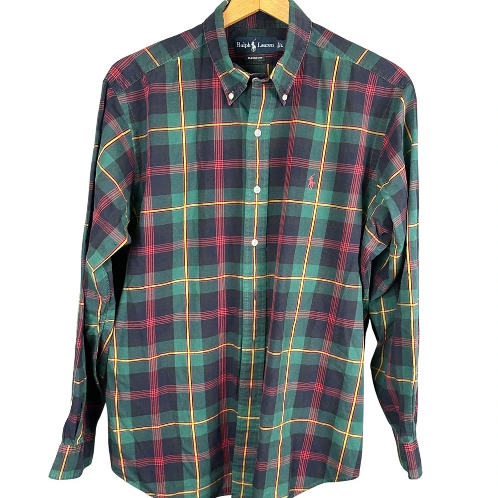 Polo Ralph Lauren Mens Large Classic Fit Plaid Button Down Shirt Green Red L
